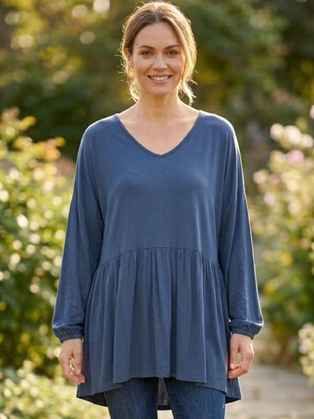 Cupio Blue V-Neck Babydoll Tunic Top Long Sleeve Peplum Cuffed XL
